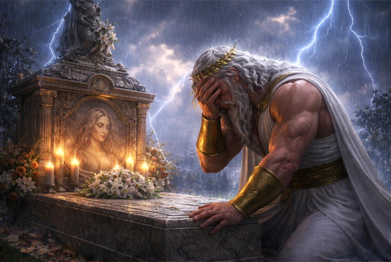 Aetos llorando ante la tumba de Lyrianna